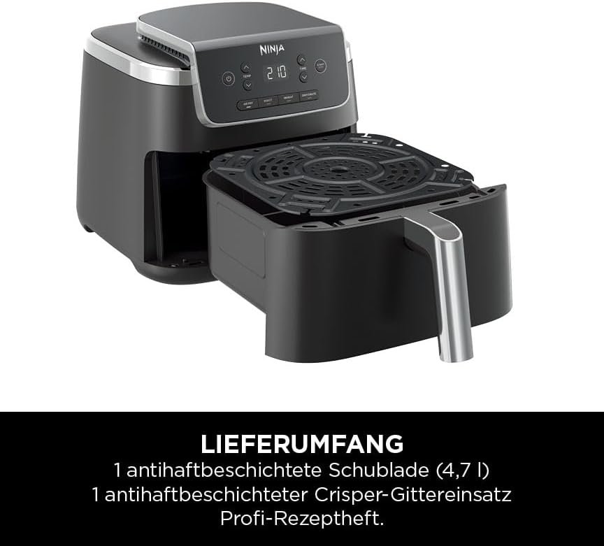 Ninja PRO Air Fryer Heißluftfritteuse AF140EU - 4,7L Airfryer für 1-2 Portionen | Digitale Einzelkorb-Heißluftfritteuse 4-in-1 | Kochen aus dem Gefrierfach | Antihaft-Schublade & Crisper-Korb | in Schwarz