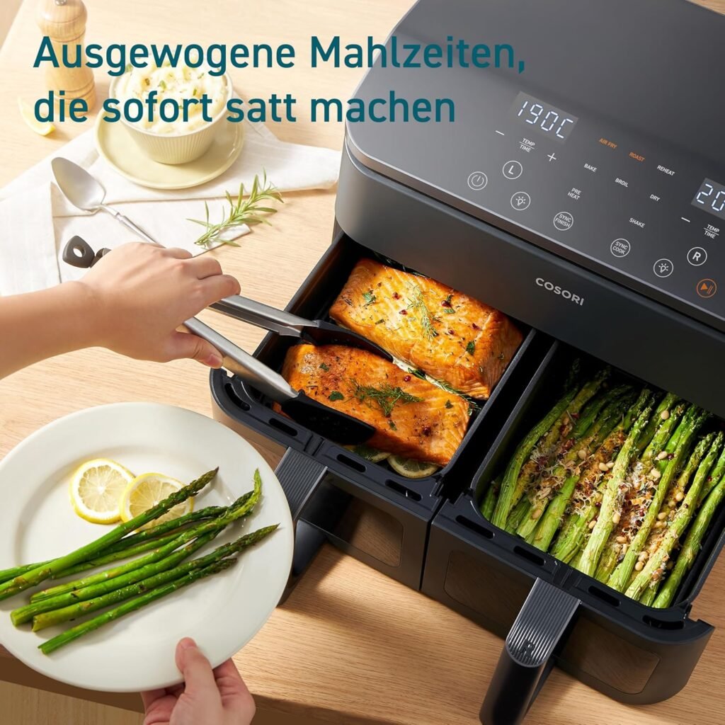 COSORI Heißluftfritteuse mit 2 Kammern, 8-in-1 Dual Zone XXL 8,5 l - Zweikammer-Design mit Sichtfenstern für ausgewogene Mahlzeiten - Inklusive 50 Rezepten - Energiesparend - Ideal für 1-5 Personen
