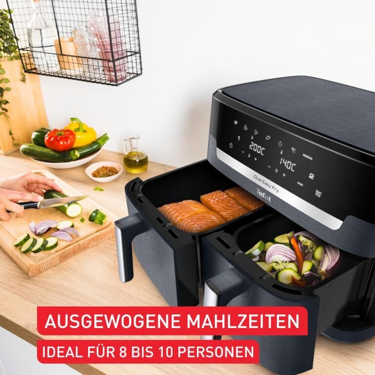 Tefal Dual Easy Fry XXL Doppelkammer-Heißluftfritteuse, 11 Liter Fassungsvermögen, 6,5 L Schublade und 4,5 L Schublade, Kein zusätzliches Fett, 7 Programme, spülmaschinenfest, Grau, EY942BE0 - Imagen de producto.