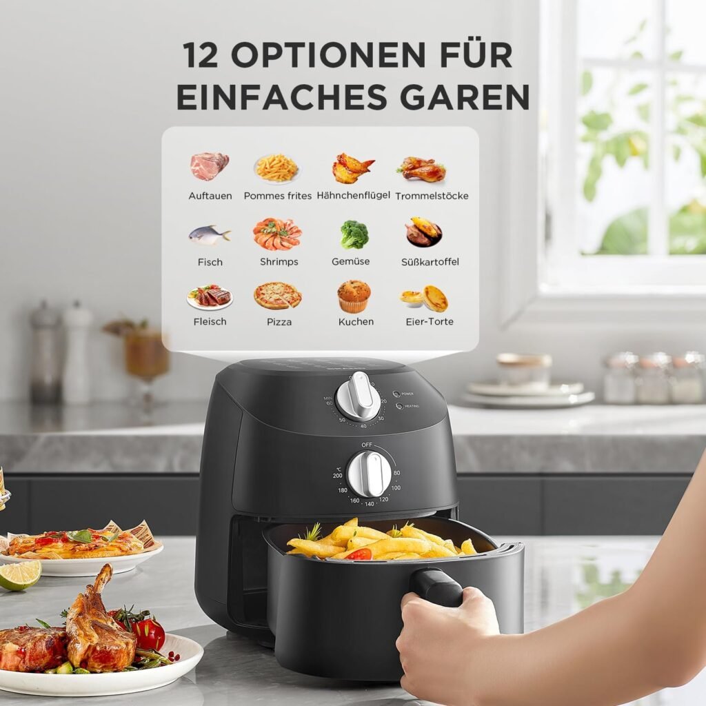 Midea Heißluftfritteuse 2L, 1150W Airfryer in Schwarz - Frittieren ohne Öl, Automatische Abschaltfunktion, Ölfrei und BPA-frei - Leicht zu reinigen. Erhalten Sie knusprige und gesunde Mahlzeiten mit dieser Heißluftfritteuse!