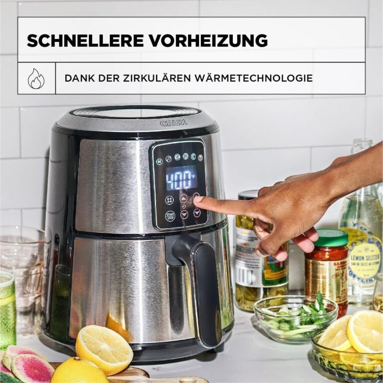 Crux 3L Digitale Heißluftfritteuse Edelstahl - ölfreies Frittieren - spülmaschinenfeste antihaftbeschichtete Pfanne und Bratrost - schnelles Vorheizen.