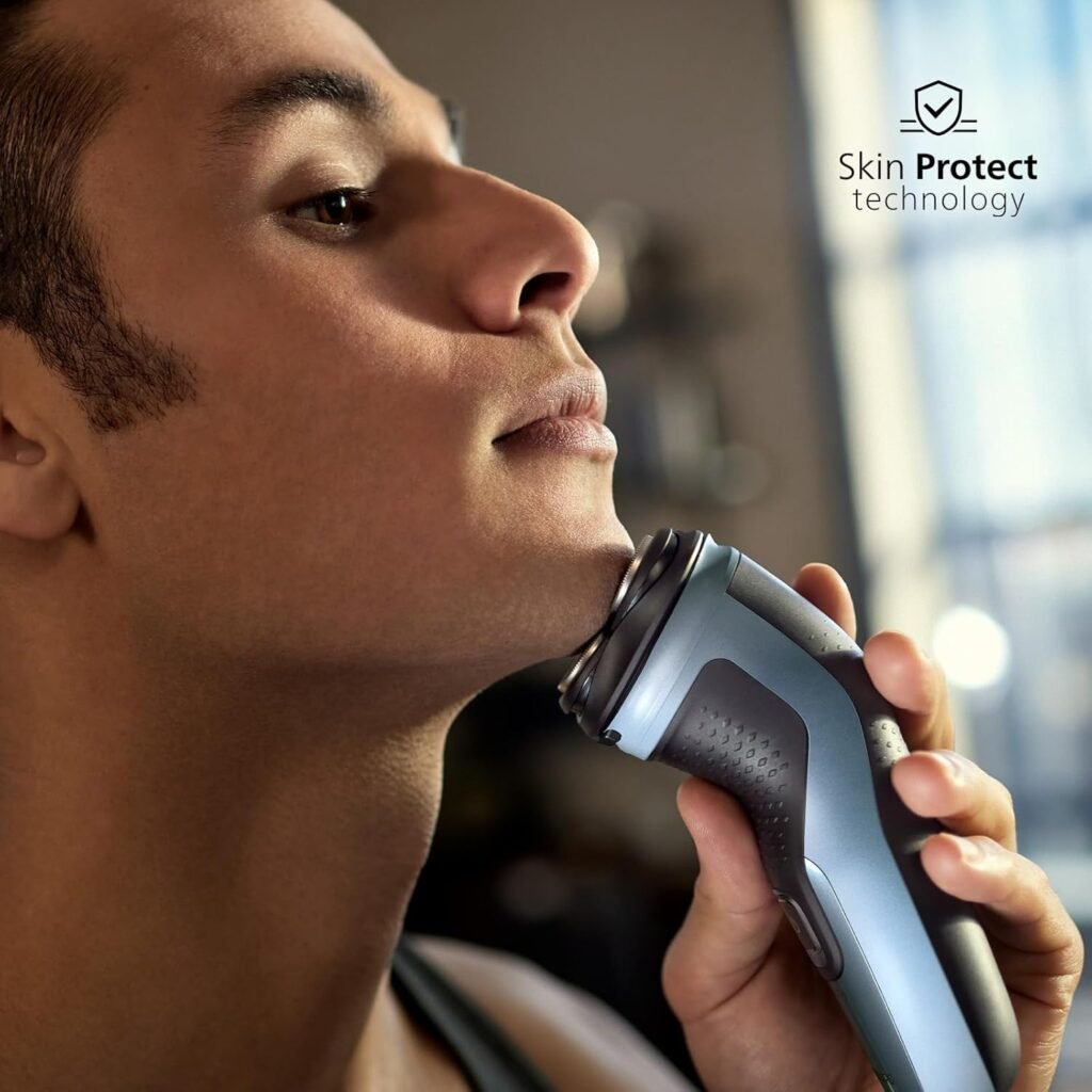 Philips Shaver Series 3000X – Elektrischer Nass- und Trockenrasierer für Männer in Himmelblau mit SkinProtect-Technologie, ausklappbarem Bartschneider und ergonomischem Griff (Modell X3053/00) - Bild von elektrischem Rasierer in Himmelblau mit SkinProtect-Technologie, Bartschneider und ergonomischem Griff