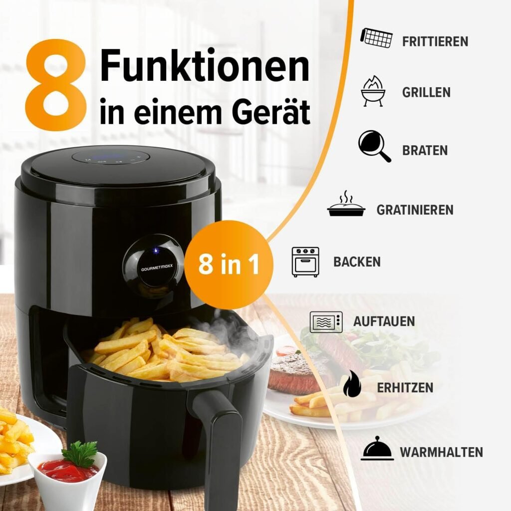 GOURMETmaxx Heißluftfritteuse | 3L Airfryer mit Timer & Touchscreen | Fritteuse mit 8 Funktionen & 6 Programmen | Energiesparendes Frittieren, fast ohne Öl | Mini-Backofen – 1400 W - Bestellen Sie jetzt!