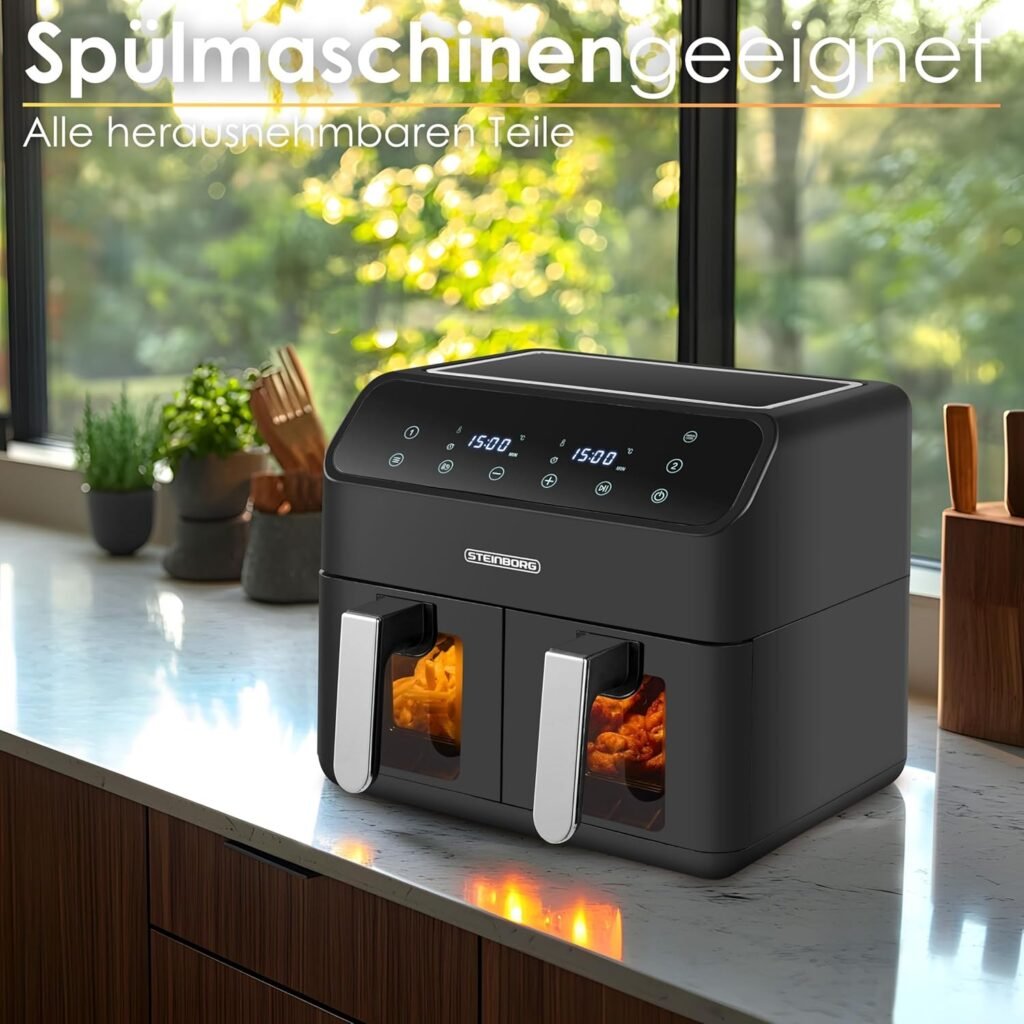 Heißluftfritteuse 2 Kammern 8 Liter - XXL Air Fryer ohne Öl für Grillen, Backen, Dörren und Frittieren - Heißluftofen und Heißluftgrill 4in1 Minibackofen.