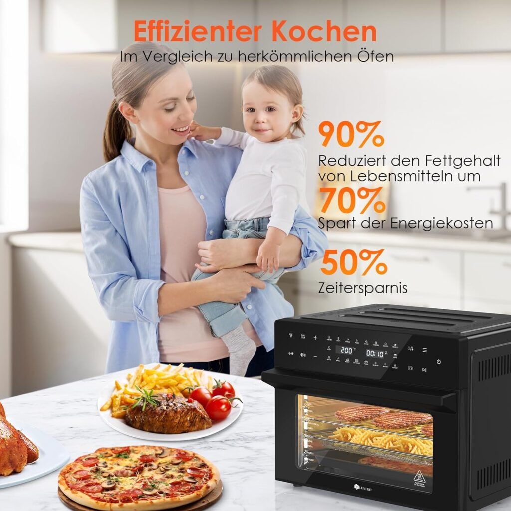 LLIVEKIT 30L XXL Heißluftfritteuse - Mini-Backofen Umluft mit 20 Programmen und 9 Zubehörteilen - Mini-Backofen mit LED-Touchscreen - Airfryer-Ofen ohne Öl mit Sichtfenster - Zwei Garmodi.