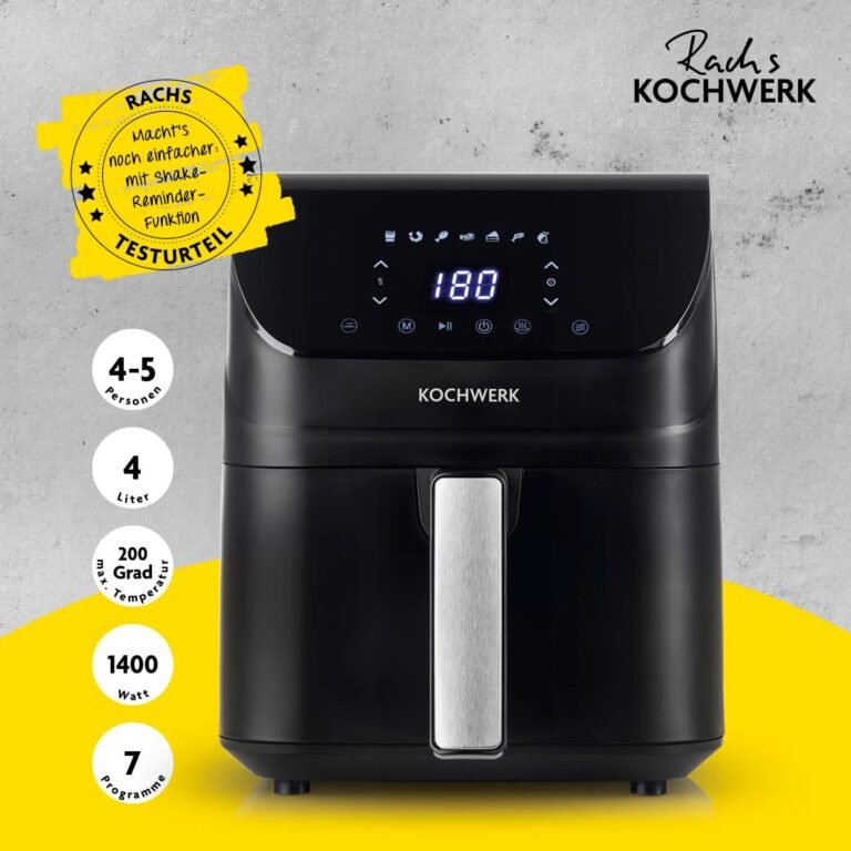 Rachs KOCHWERK Digitale Heißluftfritteuse 4L | Airfryer mit Touchscreen für fettarmes Kochen, Grillen oder Backen ohne Öl | Erinnerungsfunktion zum Wenden | Einfache Reinigung | 1400 W - Bild von hochwertiger Heißluftfritteuse mit Touchscreen für gesunde Gerichte ohne Öl