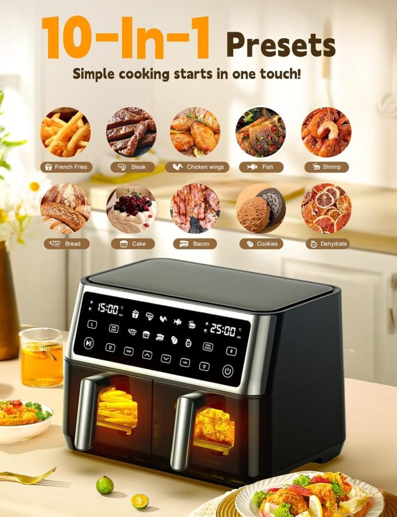 Heißluftfritteuse, 2 Kammern mit Sichtfenster, 10 L Dual Zone XXL Airfryer, 10-in-1 Voreingestellte Programme, Touchscreen, Intelligente Synchronisierung und Timer, Energiesparend, Fritteuse ohne Öl - Bild eines fortschrittlichen und energieeffizienten XXL Heißluftfritteuse mit 2 Kammern, Touchscreen, Timer und 10 verschiedenen Programmen. Ideal für fettfreie Zubereitung von köstlichen Speisen.