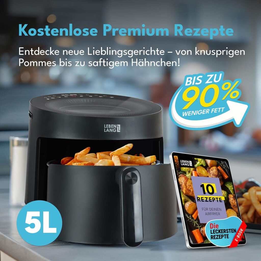 LEBENLANG Heißluftfritteuse 5L & 1500W - Inkl. Rezeptbuch & 8 Programmen - Ölfreie & fettfreie Fritteuse Heißluft-Grillfritteuse - Holen Sie sich jetzt Ihre Heißluftfritteuse für köstliche und gesunde Mahlzeiten zu Hause! Erleben Sie die vielseitigen Einsatzmöglichkeiten mit 8 Programmen und genießen Sie fettfreie Speisen ohne Öl. Bestellen Sie jetzt!