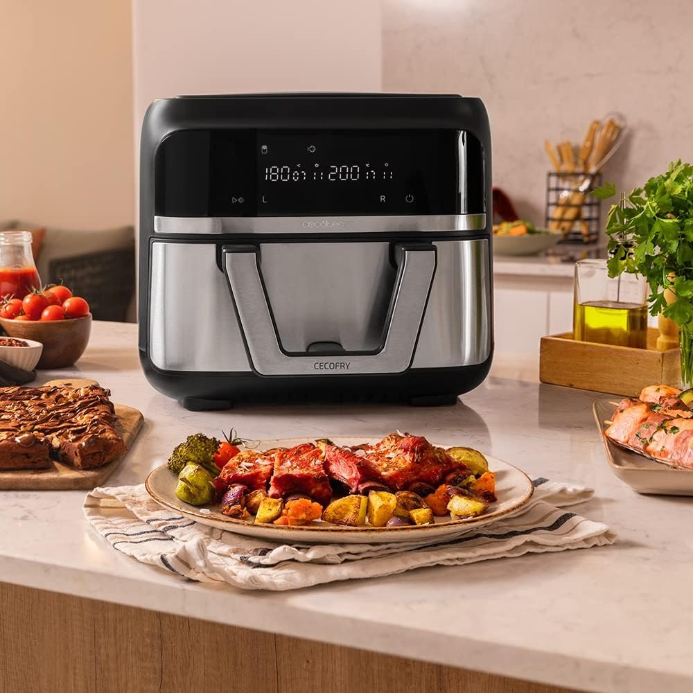 Cecotec Heißluftfritteuse ohne Öl - 9L teilbar in 2 - Air Fryer Cecofry Dual 9000. 2850W, diätetisch und digital, Touchpanel, Dual-Temperaturregelung, 6 Modi, PerfectCook-Technologie.