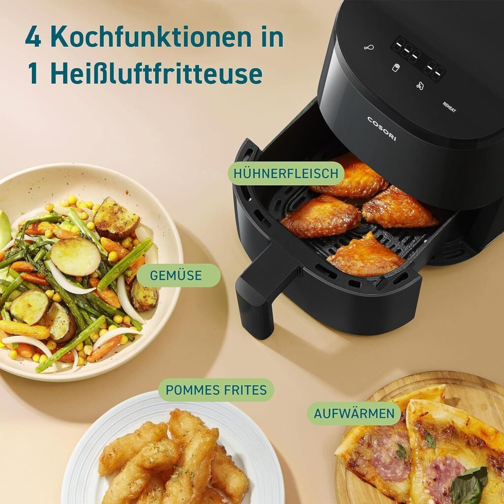 COSORI Heißluftfritteuse klein, Mini-Luftfritteuse für 1 Person, ideal für Camping, Reisen und Wohnmobil. Schnell, kompakt, ölfrei und energiesparend. In leuchtendem Schwarz erhältlich.