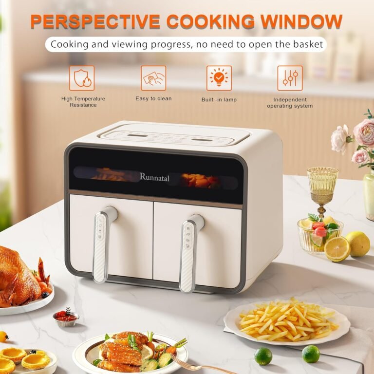 Runnatal Dual Zone Heißluftfritteuse mit Sichtfenster - Vielseitiger Airfryer mit 2 Fächern und 14-in-1 Funktionen. Entdecke die Antihaftbeschichtung und die optionale Trennung von Fleisch- und Gemüsegerichten in dieser 8L Doppelkammer Heißluftfritteuse. Ideal für Vegetarier und Fleischliebhaber. Hol dir jetzt deine Dual Zone Heißluftfritteuse!