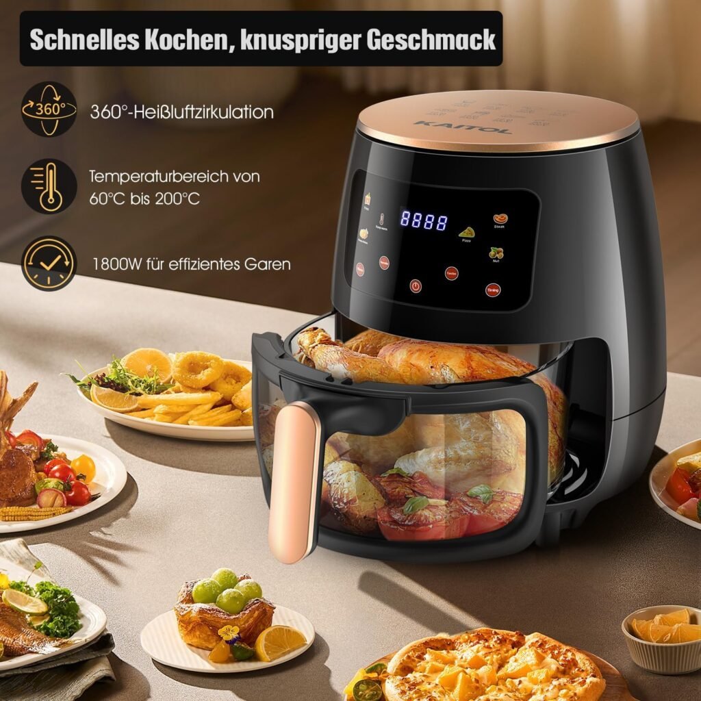 KAITOL Heißluftfritteuse 6L, 1800W Ölfreie Fritteuse mit Digitalem LED-Touchscreen, Sichtfenster und 6 Kochfunktionen - Jetzt Reservieren und Essen Warmhalten mit dieser praktischen Heißluftfritteuse!