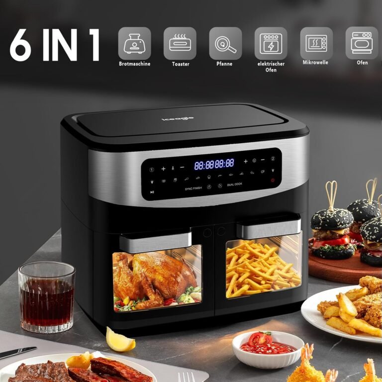 Iceagle Heißluftfritteuse Doppelkammer Airfryer 12L – Heißluftfritteuse XXL Fritteuse mit Sichtfenster, LED-Touchscreen, 2 Fächern, 10 Programmen, Sync Finish & Dual Cook, Dörrfunktion.