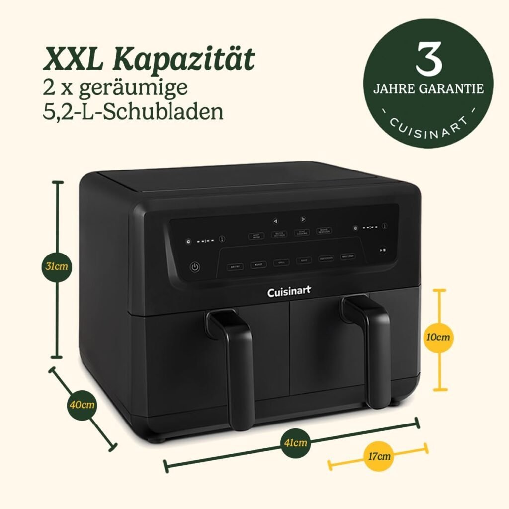 Cuisinart XXL 10,4 L Zwei-Zonen-Heißluftfritteuse, PFAS-frei - Perfekt zum Frittieren, Grillen, Backen, Dörren und Warmhalten für 8+ Portionen. Spülmaschinenfeste Teile für einfache Reinigung.