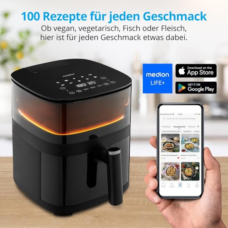 Medion X10 XL Heißluftfritteuse - Knuspriges Essen mit innovativer Wassersprühfunktion. 1.500 Watt, Sichtfenster, Schüttelalarm, 10 Automatikprogramme. Erleben Sie ultimativen Genuss!