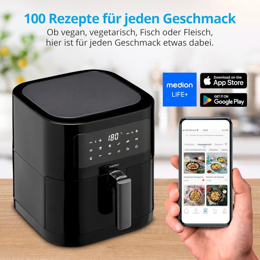 Compra la Medion E40 XL Heißluftfritteuse en color negro. Con una capacidad de 5,2 litros y 2.150 vatios de potencia, esta Airfryer cuenta con 9 programas automáticos, función de horneado, fritura sin aceite, panel táctil y display LED. ¡Hazte con la tuya ahora! #Medion #Fritteuse #Airfryer #ÖlfreiesFrittieren