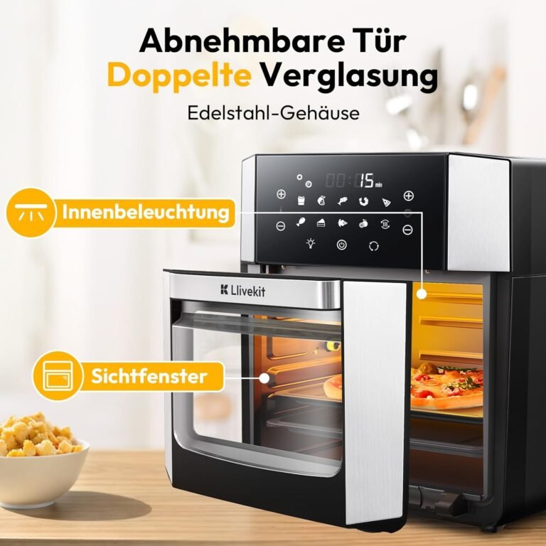 15L Heißluftfritteuse, Heißluftofen 90% weniger Öl, Air Fryer XXL 1800W, 10-in-1 Mini-Backofen mit Umluft-Rotationsfunktion, Airfryer mit Touchscreen, 7 Zubehörteile, Edelstahl, Schwarz - Producto de alta calidad para obtener alimentos crujientes y deliciosos con menos aceite. ¡Descubre la revolución de la cocina con este Air Fryer XXL de 15L!