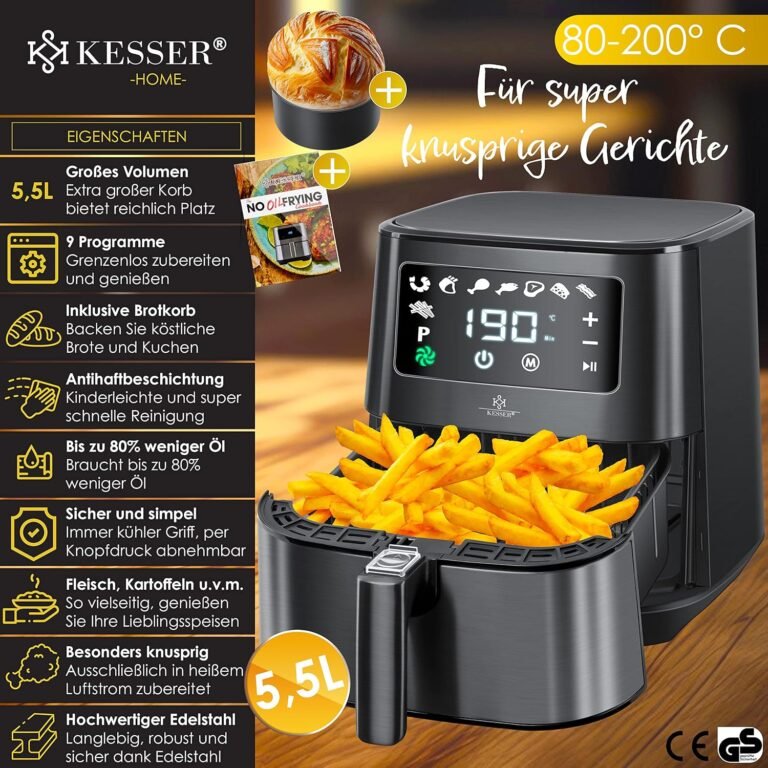 KESSER® XXL 5,5 Liter Edelstahl Heißluftfritteuse | Inkl. Brotbackkorb | 1700W Fritteuse Airfryer | Touch-Display | 8 Programme | Ohne Öl | Backofen Heißluftgrill | Fettfrei, Schwarz - Heißluftfritteuse mit großem Fassungsvermögen, modernem Design und vielen Funktionen für fettfreies Kochen.