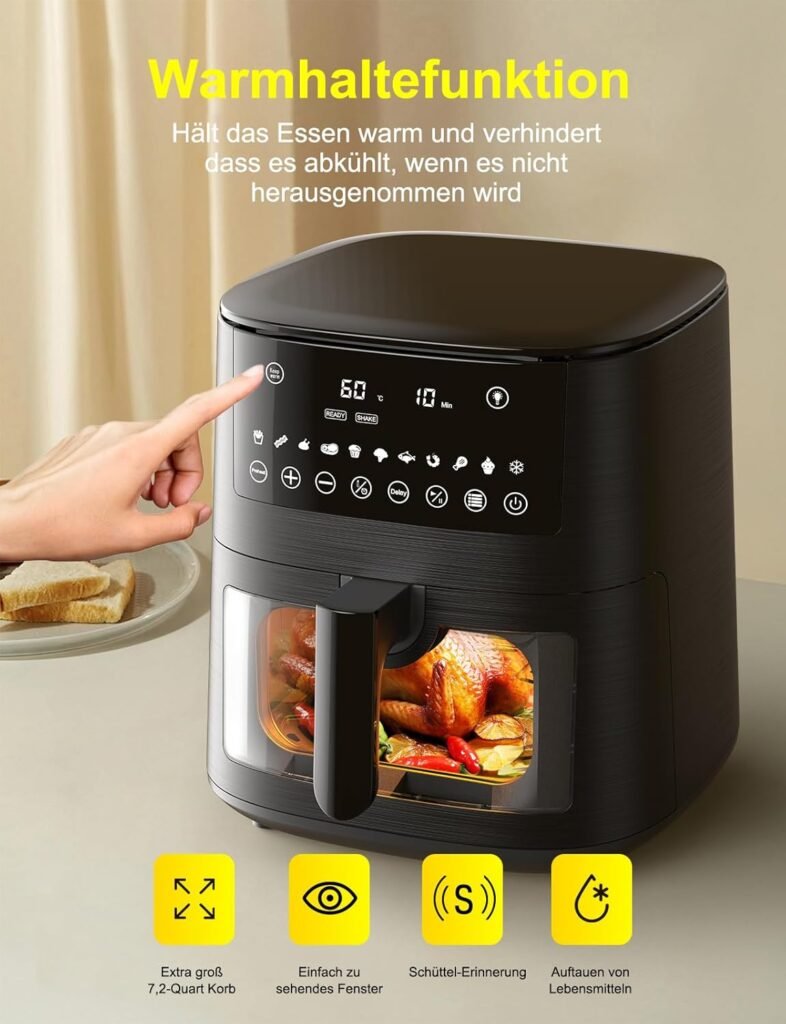 7,2 L Heißluftfritteuse Airfryer XXL mit Sichtfenster, 13-in-1 Funktionen, Timer und Vorheizfunktion - Gesundes und fettarmes Frittieren ohne Öl.
